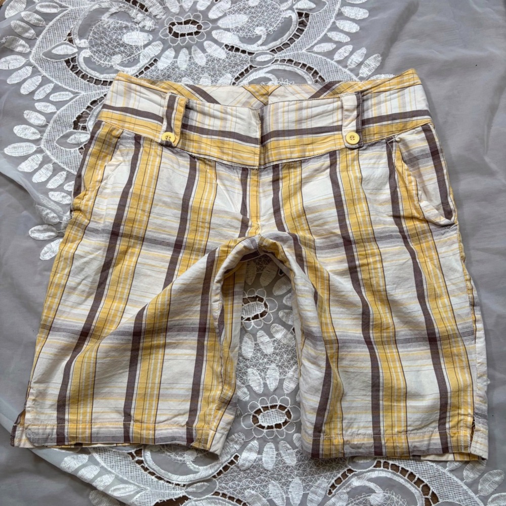 Y2K Fall Plaid Jort Capri Bugle Boy For Her Yellow Plaid Cotton Shorts Vintage